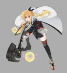  1girl 304back_s absurdres ankle_boots armored_boots bardiche_(nanoha) black_gloves black_thighhighs blonde_hair boots cape clothes_lift commentary_request energy_ball fate_testarossa floating_cape floating_hair full_body gloves grey_background hair_between_eyes halberd high_ponytail highres holding holding_polearm holding_weapon long_hair long_sidelocks long_sleeves lyrical_nanoha magic mahou_shoujo_lyrical_nanoha_exceeds:_gun_blaze_vengeance parted_lips polearm ponytail red_eyes sidelocks simple_background skirt skirt_lift solo standing thighhighs vambraces weapon white_cape white_skirt wispy_bangs 