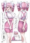  1girl anger_vein apron arms_behind_back blush breasts commentary_request cup drill_hair drinking_glass from_behind hair_ribbon highres holding holding_tray jashin-chan_dropkick large_breasts looking_at_viewer multiple_views nbnbmanamin open_mouth pink_apron pink_eyes pink_hair pink_skirt pino_(jashin-chan_dropkick) puffy_short_sleeves puffy_sleeves ribbon shirt short_sleeves simple_background skirt smile suspender_skirt suspenders sweat tray twin_drills waist_apron wait waitress white_background white_ribbon white_shirt 