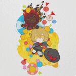  1boy 1other :< adversarial_noise baby_animal bandaid bandaid_on_knee bandaid_on_leg bird black_hat black_jacket black_shirt black_shorts blonde_hair bow bowtie chibi chick clock commentary dante_(limbus_company) duck_innertube fire from_above hat highres innertube jacket limbus_company limbus_kindergarten_uniform looking_at_another looking_up mmmm_mana necktie object_head project_moon red_bow red_bowtie red_jacket red_necktie shirt short_hair shorts simple_background sinclair_(project_moon) swim_ring swimming tearing_up untranslatable_commentary unworn_hat unworn_headwear white_background yellow_eyes 