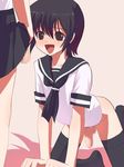  2boys all_fours artist_request black_hair bottomless brown_eyes censored crossdress crossdressing male_focus multiple_boys no_panties open_mouth penis pleated_skirt school_uniform serafuku short_hair skirt skirt_lift source_request thighhighs trap yaoi 