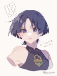  !? 1boy arms_at_sides bare_shoulders black_bodysuit black_hair blunt_ends bodysuit commentary_request covered_collarbone cropped_arm cropped_torso empty_eyes furrowed_brow genshin_impact gold highres light_frown looking_at_viewer male_focus mandarin_collar parted_lips portrait purple_eyes scaramouche_(genshin_impact) single_hair_intake solo sweat tarou_ota0 translation_request tsurime twitter_username wanderer_(genshin_impact) white_background wispy_bangs 