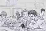  3girls akemi_homura alcohol ashtray bar bb_(baalbuddy) bill_murray book bottle can cigarette crossover dr_pepper flag furude_rika glass glasses greyscale groundhog_day gun hairband higurashi_no_naku_koro_ni jack_daniel's long_hair mahou_shoujo_madoka_magica metal_upa monochrome multiple_boys multiple_crossover multiple_girls nagato_yuki necktie okabe_rintarou pencil phil_connors rocket_launcher rpg steins;gate suzumiya_haruhi_no_yuuutsu television trait_connection watashi weapon whiskey yojouhan_shinwa_taikei 