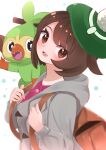  1girl :d absurdres backpack bag brown_bag brown_eyes brown_hair buttons cardigan commentary_request dress eyelashes from_side gloria_(pokemon) green_hat grey_cardigan grookey happy hat highres holding_strap hood hood_down hooded_cardigan on_shoulder open_mouth pokemon pokemon_(creature) pokemon_on_shoulder pokemon_sword_and_shield short_hair smile tam_o'_shanter teeth upper_body upper_teeth_only white_background yamasaki_(saakithtr) 