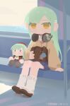  1girl absurdres animalization bag bag_on_lap bang_dream! bang_dream!_it's_mygo!!!!! blue_skirt brown_bag brown_shoes character_doll commentary_request doll hair_ornament hairclip headphones headphones_around_neck highres kekego long_hair parted_bangs shirt shoes shoulder_bag sitting skirt socks sticker sweater togawa_sakiko train_interior unworn_bag wakaba_mutsumi wakaba_mutsumi_(doll) white_shirt white_socks yellow_eyes yellow_sweater 