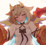 arm_wrap black_bow black_choker black_hairband blonde_hair blue_hair bow choker colored_inner_hair cowlick criss-cross_halter detached_wings dragon_claw dragon_girl dragon_horns dragon_tail dragon_wings dress earrings english_commentary gubulus_gost hairband half-closed_eyes halter_dress halterneck head_tilt highres horn_bow horn_ornament horns hug hug_invitation hugging_viewer jewelry lock_necklace long_hair multicolored_hair outline phase_connect purple_bow purple_outline purple_ribbon red_eyes red_scales ribbon signature simple_background star-shaped_pupils star_(symbol) star_print symbol-shaped_pupils tail twintails utatane_nasa utatane_nasa_(nasa_2.0) variant_set very_long_hair white_background white_dress wings yellow_horns yellow_pupils yellow_wings 