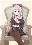  1girl :d aoi_tori_(purple_software) black_choker black_jacket black_pantyhose black_skirt blush boots bow bowtie brown_boots chair choker commentary_request cup feet_out_of_frame frilled_sleeves frills grey_hair hair_between_eyes hair_bow hand_up highres holding holding_cup holding_plate jacket lace-up_boots long_hair long_sleeves looking_at_viewer mary_harker on_chair open_mouth outline pantyhose plate pointy_ears purple_bow red_bow red_bowtie red_eyes school_uniform sidelocks signature simple_background sitting skirt slit_pupils smile solo sparkle steam tea teacup usetsusakon2 very_long_hair white_outline wide_sleeves yellow_background 