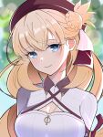  1girl absurdres agnes_claudel beret big_hair blonde_hair blue_eyes blurry blurry_background bokeh braid braided_base braided_bun breasts bun_with_braided_base cleavage cleavage_cutout closed_mouth clothing_cutout collared_shrug commentary crossed_bangs depth_of_field double-parted_bangs eiyuu_densetsu english_commentary floating_hair hair_between_eyes hair_bun hat head_tilt highres jewelry kai_no_kiseki kaishain_ichigo kuro_no_kiseki_(series) long_hair looking_at_viewer low-tied_long_hair medium_breasts necklace portrait red_hat ribbed_sweater shrug_(clothing) single_side_bun smile sweater white_sweater 