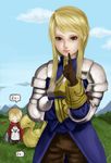  2girls agrias_oaks armor blonde_hair brown_eyes chocobo cloak dress eyes_closed female final_fantasy final_fantasy_tactics gloves grass lips long_hair multiple_girls ovelia_atkascha ruforoe sky sleeping white_dress 