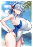  1girl ako_(blue_archive) alternate_breast_size_(larger) bare_shoulders blue_archive blue_eyes blue_hair blue_hairband blue_halo blush breasts commentary_request competition_swimsuit covered_navel covered_nipples frown groin hair_between_eyes hairband halo hand_on_own_hip highres huge_breasts looking_at_viewer medium_hair mixed-language_commentary one-piece_swimsuit paid_reward_available revision seinz0 solo swimsuit thighs veins veiny_breasts white_one-piece_swimsuit 