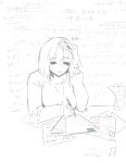  1girl :s absurdres arcueid_brunestud confused elbow_on_table equation hair_between_eyes hand_on_own_head highres holding holding_pen jonyeld long_sleeves math medium_hair monochrome paper pen sitting solo sweatdrop table tagme tsukihime 