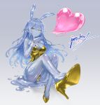  1girl animal_ears bare_legs blowing_kiss breasts commentary_request full_body gold_leotard gold_shoes gradient_background heart high_heels highres jinshin leotard long_hair medium_breasts monster_girl original playboy_bunny pumps rabbit_ears shiny_clothes shoes sitting slime_girl solo strapless strapless_leotard wrist_cuffs yellow_eyes 