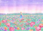  blonde_hair blue_dress crescent_moon dress eri-noa field flower flower_field moon original profile sky solo standing star_(sky) starry_sky traditional_media twilight water_drop watercolor_(medium) wreath 