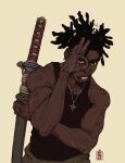  1boy black_hair ceddy_jo commentary dark-skinned_male dark_skin dreadlocks english_commentary grimace highres holding holding_sword holding_weapon jewelry katana looking_at_viewer male_focus necklace ok_sign ok_sign_over_eye original procreate_(medium) scar scar_on_arm simple_background solo sword upper_body weapon 