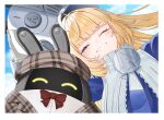  1girl ^_^ absurdres ahoge bangboo_(zenless_zone_zero) blonde_hair blue_eyes blue_sky bow bowtie closed_eyes cloud commentary_request day gloves grey_helmet grin helmet highres kinaco_4738 long_hair norma_hollowell outdoors red_bow red_bowtie sky smile white_gloves zenless_zone_zero 