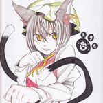  absurdres animal_ears bad_id bad_pixiv_id brown_hair cat_ears cat_tail chen colored_pencil_(medium) face foreshortening hands hat highres iro_marimo jewelry long_sleeves multiple_tails paw_print shikishi single_earring slit_pupils solo tail touhou traditional_media yellow_eyes 