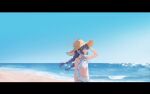  1girl beach bikini black_hair blue_archive blue_sky blurry blurry_background braid clear_sky commentary_request day flat_chest from_side grey_halo halo hand_on_headwear hat highres horizon leaf leaf_on_head leaf_print letterboxed long_hair looking_ahead low_twin_braids miyu_(blue_archive) miyu_(swimsuit)_(blue_archive) ocean official_alternate_costume outdoors print_bikini red_eyes sky solo straw_hat swimsuit twin_braids u-ho_(uhokk00) upper_body white_bikini 