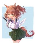  1girl animal_ears aston_machan_(casual)_(umamusume) aston_machan_(umamusume) blush breasts brown_hair casual closed_mouth commentary_request ear_scrunchie green_eyes green_skirt hair_ornament hands_up highres horse_ears horse_girl horse_tail large_breasts long_sleeves looking_at_viewer medium_hair one_side_up red_scrunchie sakimiya_(inschool) scrunchie shirt skirt smile solo suspender_skirt suspenders tail umamusume white_shirt white_wings wings 