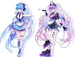  2girls apron black_bow black_dress black_shirt blowing_bubble_gum blue_eyes blue_hat blue_shirt bow braid breasts chewing_gum cleavage commentary_request crossed_bangs demon_girl demon_horns detached_collar dress ear_piercing emoillu fate/grand_order fate_(series) full_body green_eyes grey_hair hair_between_eyes hair_bow hat high_ponytail horns inline_skates large_breasts lilith_(fate) long_hair looking_at_viewer morgan_le_fay_(fate) multiple_girls necktie piercing pointy_ears ponytail puffy_short_sleeves puffy_sleeves purple_hat purple_shirt roller_skates shirt short_sleeves sidelocks skates tray twintails very_long_hair visor_cap waist_apron white_apron wrist_cuffs 