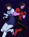  1boy 1girl armor back-to-back black_bodysuit black_hair blue_background blue_eyes bodysuit colored_skin commentary english_commentary eye_mask gloves highres invincible_(series) leg_up mask multicolored_bodysuit oliver_grayson open_mouth pink_skin power_armor red_bodysuit red_gloves red_mask rudoaero serious short_hair standing standing_on_one_leg superhero_costume tech_jacket two-tone_bodysuit zoe_thompson_(invincible) 