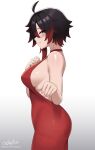  1girl ahoge artist_name ass bare_shoulders black_hair blush breasts colored_tips commentary cowboy_shot cslucaris dress english_commentary from_side grey_background grey_eyes grin hand_on_own_chest highres large_breasts looking_at_viewer multicolored_hair patreon_username reaching reaching_towards_viewer red_dress red_hair ruby_rose rwby short_hair sideboob sideless_dress sideways_glance signature simple_background sleeveless sleeveless_dress smile solo standing streaked_hair two-tone_hair web_address 