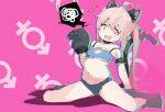  1girl @_@ ahoge animal_ear_fluff animal_ears animal_hands arm_garter bare_legs bare_shoulders black_choker black_gloves black_tail blue_bra blue_panties bra breasts cat_cutout cat_ears cat_lingerie cat_paws cat_tail chinese_commentary choker cleavage_cutout clothing_cutout commentary_request dot_nose double-parted_bangs drooling drop_shadow fake_animal_ears fake_tail frilled_bra frilled_panties frills frown full_body furrowed_brow gloves hair_between_eyes hand_up head_tilt highres leaning_to_the_side light_blush long_hair looking_at_viewer male-female_symbol mole mole_on_chest mouth_drool navel onii-chan_wa_oshimai! open_mouth orange_eyes oyama_mahiro panties partial_commentary paw_gloves paw_shoes pink_background pink_hair raised_inner_eyebrows shiroi983573 simple_background small_breasts solo spoken_squiggle spread_legs squiggle stomach strap_slip sweat tail tearing_up tears twintails twitching underwear underwear_only very_long_hair 