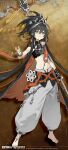  1girl :/ absurdres bare_shoulders barefoot black_cape black_gloves black_hair black_tube_top brown_background cape chinese_commentary clothes_around_waist commentary_request copyright_name copyright_notice fingerless_gloves full_body gloves green_eyes hand_up highres holding holding_polearm holding_weapon legs_apart logo looking_at_viewer medium_hair midriff mofei_(xinyue_tongxing) navel official_art official_wallpaper pants polearm ponytail puffy_pants solo standing strapless tube_top weapon white_pants xinyue_tongxing 