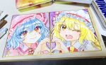  2girls :d ;d art_tools_in_frame ascot blonde_hair blue_hair brooch closed_mouth collared_shirt commentary flandre_scarlet frilled_shirt_collar frills hat hat_ribbon heart heart_hands heart_hands_duo highres jewelry long_hair looking_at_viewer mob_cap multiple_girls one_eye_closed open_mouth pink_hair pink_shirt red_eyes red_ribbon red_vest remilia_scarlet ribbon shikishi shirt short_hair siblings sisters smile touhou traditional_media vest white_hat white_shirt yamada_sakura yellow_ascot yellow_eyes 