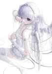  1girl absurdres arm_ribbon bare_shoulders black_eyes breasts choker commission doll_joints dress frilled_choker frilled_hairband frills from_side grey_hair hair_flowing_over hairband hand_up highres joints lace-trimmed_thighhighs lace_trim long_hair medium_breasts mihuashi_commission no_shoes number_tattoo one_eye_closed original parted_lips pointy_ears ribbon roman_numeral rubbing_eyes short_dress shoulder_tattoo simple_background sitting solo strapless strapless_dress tattoo thighhighs too_many_watermarks very_long_hair wariza watermark white_background white_choker white_dress white_hairband white_thighhighs white_wings wings xiao_dan_huang_jia_dao 