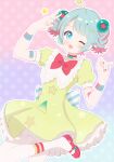  1girl absurdres aqua_eyes commentary commentary_request dotted_background dreamy_chelsea frilled_skirt frills hair_ornament highres looking_at_viewer magical_girl mahou_shoujo_ikusei_keikaku mahou_shoujo_ikusei_keikaku_breakdown multicolored_hair one_eye_closed open_mouth shoes short_hair skirt socks star_(symbol) star_print teepa untranslatable_commentary v 