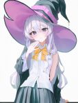  1girl black_background black_hat black_robe black_skirt blue_eyes braid breasts closed_mouth collared_shirt commentary_request elaina_(majo_no_tabitabi) grey_hair hair_between_eyes hat highres long_hair looking_at_viewer majo_no_tabitabi pleated_skirt robe shiina_1001 shirt skirt sleeveless sleeveless_shirt small_breasts solo white_shirt witch_hat 