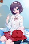  beckitach bed_sheet blue_eyes colorized hair_ornament hairband highres hot kami_nomi_zo_shiru_sekai kneehighs purple_hair school_uniform shirt short_hair solo spoilers sweat takahara_ayumi wakaki_tamiki wet wet_clothes wet_shirt 