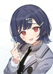  1girl absurdres black_necktie blue_hair blush collared_shirt commentary_request finger_heart grey_jacket hair_ornament hairclip hand_up highres idolmaster idolmaster_shiny_colors idolmaster_shiny_colors_song_for_prism jacket long_sleeves looking_at_viewer morino_rinze multiple_hairclips necktie official_alternate_costume official_alternate_hairstyle open_mouth poppo_yo_say red_eyes shirt short_hair smile solo upper_body white_shirt 