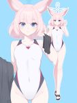  1girl animal_ear_fluff animal_ears black_jacket blue_archive blue_background blue_eyes blue_halo breasts commentary_request competition_swimsuit covered_navel cowboy_shot fox_ears full_body halo highleg highleg_one-piece_swimsuit highres jacket jacket_on_arm madoka_(user_zrnk8278) multiple_views niko_(blue_archive) one-piece_swimsuit pink_hair sandals short_hair small_breasts smile standing swimsuit unworn_jacket white_one-piece_swimsuit 
