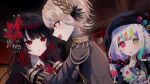  3girls absurdres beret black_coat black_hair black_hat black_shirt blonde_hair bow coat collared_shirt colored_tips commentary_request contrast_collar crown diamond_hair_ornament epaulettes flower hair_bow hair_flower hair_ornament hands_on_another's_shoulders hasumi_leia hat heterochromia high_collar highres jacket jacket_partially_removed jogasaki_noah long_hair mahou_shoujo_no_majo_saiban mini_crown multi-tied_hair multicolored_eyes multicolored_hair multiple_girls neck_ribbon necktie nikaido_hiro off_shoulder open_mouth paintbrush polka_dot polka_dot_bow red_eyes red_flower red_necktie ribbon sakuduki000_1 shirt short_hair smile streaked_hair teeth upper_teeth_only white_hair white_shirt yellow_eyes 