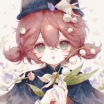  1girl baba_nu_wang black_capelet black_hat bow bowtie capelet chinese_commentary chromatic_aberration commentary_request double-parted_bangs eyelashes flower flutterpage flutterpage_(gently_comes_the_thawing_breeze) green_eyes hair_between_eyes hat highres holding holding_flower light_particles lily_of_the_valley looking_at_viewer origami paper_crane pink_flower portrait red_hair reverse:1999 short_hair short_twintails solo twintails variant_set white_bow white_bowtie white_flower 