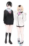  2girls :d ;d absurdres aki_(rerrere) black_cardigan black_hair black_skirt black_socks blonde_hair blue_eyes bow bowtie brown_shoes cardigan cross cross_earrings earrings full_body glasses haru_(rerrere) highres jacket jewelry kneehighs loafers long_sleeves miniskirt multicolored_hair multiple_girls necktie one_eye_closed original pink_bow pink_bowtie pleated_skirt red_necktie rerrere roots_(hair) shoes simple_background skirt smile socks standing streaked_hair white_background white_jacket white_shoes yellow_eyes 