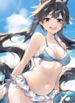  1girl alternate_costume arknights arknights:_endfield bikini bikini_skirt black_hair blue_sky breasts chen_qianyu_(arknights) cloud collarbone commentary_request cowboy_shot day dragon_girl dragon_horns dragon_tail eastern_dragon_horns eastern_dragon_tail green_bikini grey_eyes highres horns linea_alba long_hair looking_at_viewer medium_breasts navel open_mouth outdoors sky solo swimsuit tail teeth twintails twitter_username u_yuz_xx upper_teeth_only water_drop 