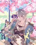  1boy anotherside_rd bench blue_jacket character_doll cherry_blossoms commentary_request crow_armbrust dappled_sunlight day doll double-parted_bangs eiyuu_densetsu fur_collar grey_hair hair_between_eyes highres holding holding_stuffed_toy jacket jewelry kai_no_kiseki korean_commentary kuro_no_kiseki_(series) lamppost long_sleeves looking_at_viewer male_focus mullet necklace one_eye_closed open_clothes open_jacket outdoors park_bench pendant rean_schwarzer red_eyes ribbed_shirt shirt short_hair sitting sleeve_rolled_up smile solo stuffed_toy sunlight upper_body 