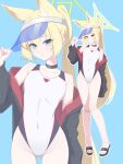  1girl animal_ear_fluff animal_ears black_choker black_jacket blonde_hair blue_archive blue_background choker commentary_request competition_swimsuit cowboy_shot fox_ears full_body green_eyes green_halo halo highleg highleg_one-piece_swimsuit highres jacket jacket_partially_removed kurumi_(blue_archive) long_hair looking_at_viewer madoka_(user_zrnk8278) multicolored_swimsuit multiple_views one-piece_swimsuit ponytail sandals swimsuit triangle_halo very_long_hair white_one-piece_swimsuit 