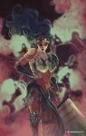  1girl absolute_dc absolute_wonder_woman absurdres almendriww black_boots black_hair boots commentary dc_comics english_commentary ghost highres holding holding_sword holding_weapon long_hair looking_at_viewer pants pelvic_curtain red_pants red_tattoo shoulder_tattoo signature solo solo_focus sword tattoo weapon wonder_woman wonder_woman_(absolute_dc) 