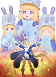  +_+ 1girl arms_up blonde_hair blue_jacket blush closed_eyes commentary_request explosion gloves grey_hat grey_helmet hands_up hat helmet highres jacket large_hat long_hair looking_at_viewer multiple_views norma_hollowell open_mouth purple_eyes shako_cap smile thighhighs uixy very_long_hair white_background white_gloves white_thighhighs zenless_zone_zero 