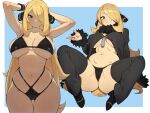  1girl absurdres alternate_breast_size_(larger) arms_behind_head bag bikini black_bikini black_bra black_coat black_panties blonde_hair blue_bag blush bra breasts cleavage closed_mouth coat commentary cynthia_(pokemon) flowerpigeon fur-trimmed_coat fur-trimmed_sleeves fur_collar fur_trim grey_eyes hair_ornament hair_over_one_eye highres large_breasts long_hair long_sleeves looking_at_viewer navel panties pokemon pokemon_diamond/pearl/platinum smile solo spread_legs swimsuit underwear untranslatable_commentary very_long_hair white_background 
