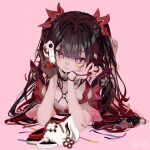  1girl absurdres barefoot bell breasts brown_hair cleavage commentary detached_sleeves dress flower-shaped_pupils fox_mask gloves gmpoo93 gun highres holding holding_gun holding_weapon honkai:_star_rail honkai_(series) long_hair looking_at_viewer mark_under_both_eyes mask neck_bell o-ring pink_background pink_nails red_dress red_sleeves simple_background single_glove smile solo sparkle_(honkai:_star_rail) symbol-shaped_pupils twintails unworn_mask weapon 