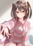  1girl black_hair brown_eyes commentary_request hair_ornament hairclip highres hood hooded_sweater kantai_collection parted_lips pink_shorts pink_sweater pom_pom_(clothes) sendai_(kancolle) sendai_kai_ni_(kancolle) shorts sleepwear smile solo striped_clothes striped_shorts striped_sweater sweater two_side_up yoshino_(mfmfpng) 