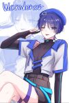  1boy :p alternate_costume arm_at_side beret black_gloves black_shirt black_shorts blue_pupils blue_trim blunt_ends character_name commentary_request contemporary covered_collarbone crossed_legs elbow_gloves eyelashes eyeliner fishnet_top fishnets genshin_impact gloves hand_up hat highres idol korean_commentary looking_at_viewer makeup male_focus one_eye_closed open_hand partially_fingerless_gloves purple_eyes purple_hair purple_hat pyong_deog red_eyeliner scaramouche_(genshin_impact) shirt short_sleeves shorts shoulder_peek solo tongue tongue_out tsurime turtleneck turtleneck_shirt wanderer_(genshin_impact) wanderer_(truth_&amp;_justice)_(genshin_impact) white_background white_sleeves wispy_bangs zoom_layer 