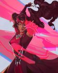  1girl absurdres almendriww avengers_(series) breasts brown_hair commentary dark-skinned_female dark_skin english_commentary green_eyes highres long_hair looking_at_viewer magic marvel marvel_rivals scarlet_witch signature small_breasts solo wanda_maximoff 