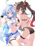  2girls :d ahoge ass bare_shoulders bikini black_gloves black_nails blue_eyes blue_gem blue_hair blush breasts brown_hair closed_mouth commentary drop-shaped_pupils fingernails furina_(genshin_impact) gem genshin_impact gloves gradient_hair hair_between_eyes hand_up highres hu_tao_(genshin_impact) long_hair looking_at_viewer looking_back multicolored_hair multiple_girls nail_polish navel open_mouth red_eyes red_hair red_scrunchie revision scrunchie shorts simple_background small_breasts smile streaked_hair swimsuit symbol-shaped_pupils thigh_strap thighs tsukise_miwa twintails very_long_hair vision_(genshin_impact) white_background white_hair 