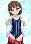  1girl black_one-piece_swimsuit blue_reflection_(series) blue_reflection_maboroshi_ni_mau_shoujo_no_ken breasts brown_eyes brown_hair collared_shirt commentary_request commission competition_swimsuit cowboy_shot dress_shirt hoshiya_kanna looking_at_viewer mizusaki_johnko one-piece_swimsuit open_clothes open_shirt pixiv_commission red_skirt shirt short_hair skirt small_breasts smile solo striped_clothes striped_one-piece_swimsuit swimsuit swimsuit_under_clothes undressing unworn_skirt white_shirt 
