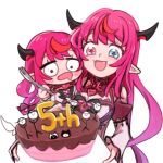  1girl bebeko_z black_horns bloom_(irys) blue_eyes blush_stickers breasts cake chocolate_cake commentary_request detached_sleeves dress drooling fang fangs food fork gloom_(irys) guyrys heads_together heterochromia highres holding holding_fork hololive hololive_english horns irys_(hololive) irys_(irys_2.0)_(hololive) long_hair looking_at_food looking_at_viewer medium_breasts mouth_drool multicolored_hair open_mouth pointy_ears purple_eyes purple_hair red_hair side-by-side simple_background smile smol_irys streaked_hair symbol-shaped_pupils very_long_hair virtual_youtuber white_background white_dress white_sleeves 