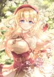  1girl agnes_claudel beret blonde_hair blue_eyes blush braid braided_base bun_with_braided_base commentary_request eiyuu_densetsu hair_bun hat highres hinata_nonoka kai_no_kiseki kuro_no_kiseki_(series) long_hair looking_at_viewer low-tied_long_hair red_hat ribbed_sweater simple_background smile solo sweater 